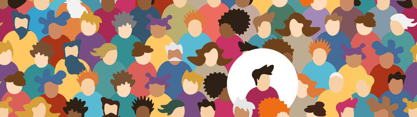 Illustration mit vielen Menschen, von denen eine hervorgehoben ist.