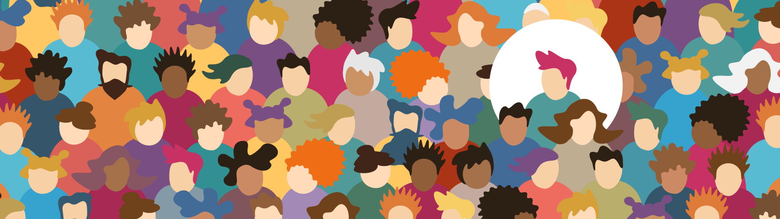 Illustration mit vielen Menschen, von denen eine hervorgehoben ist.