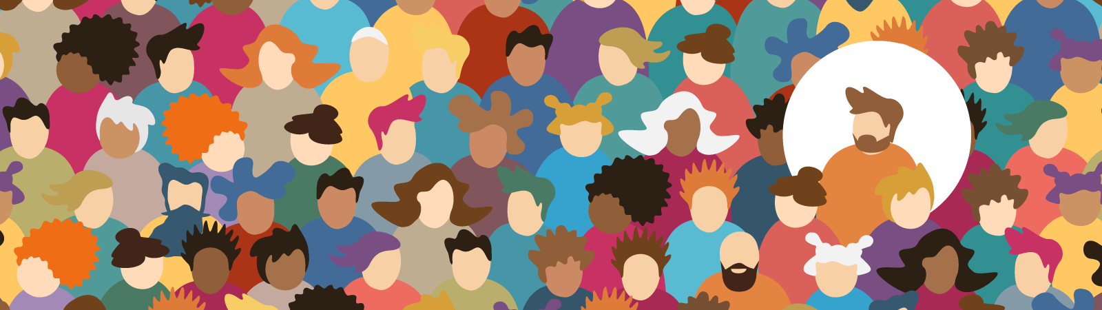 Illustration mit vielen Menschen, von denen eine hervorgehoben ist.