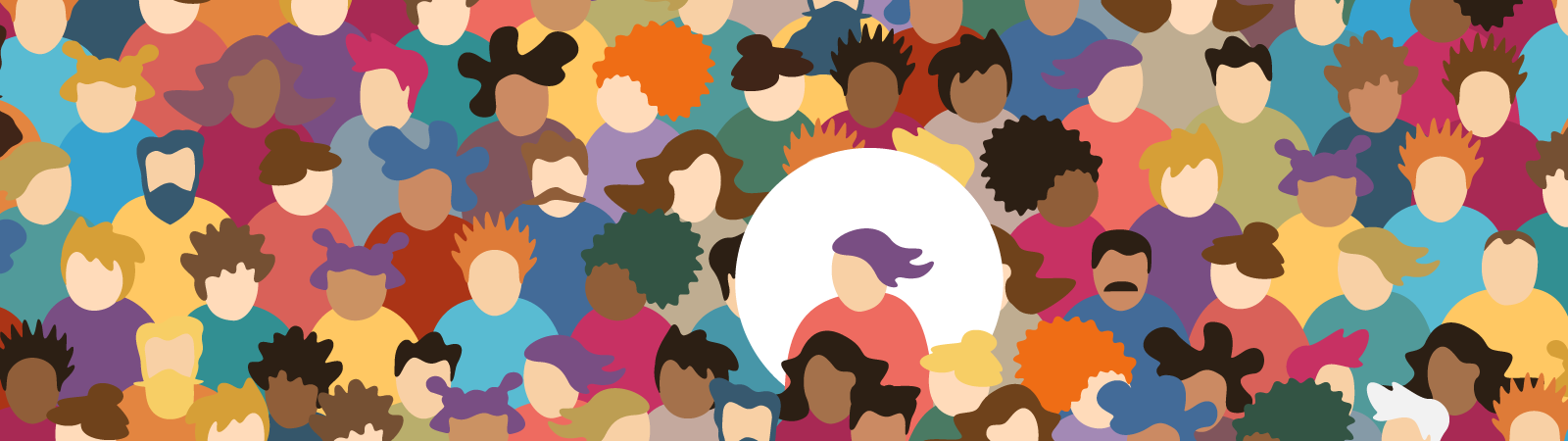 Illustration mit vielen Menschen, von denen eine hervorgehoben ist.